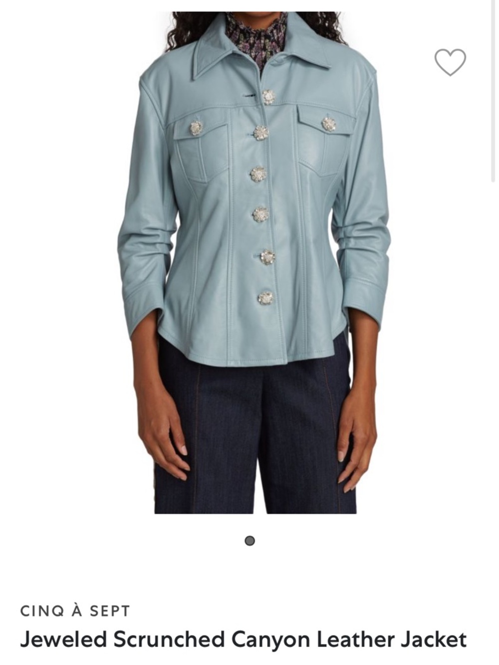 Cinq a Sept Powder Blue Jeweled Scrunched Leather
Jacket, Size 4